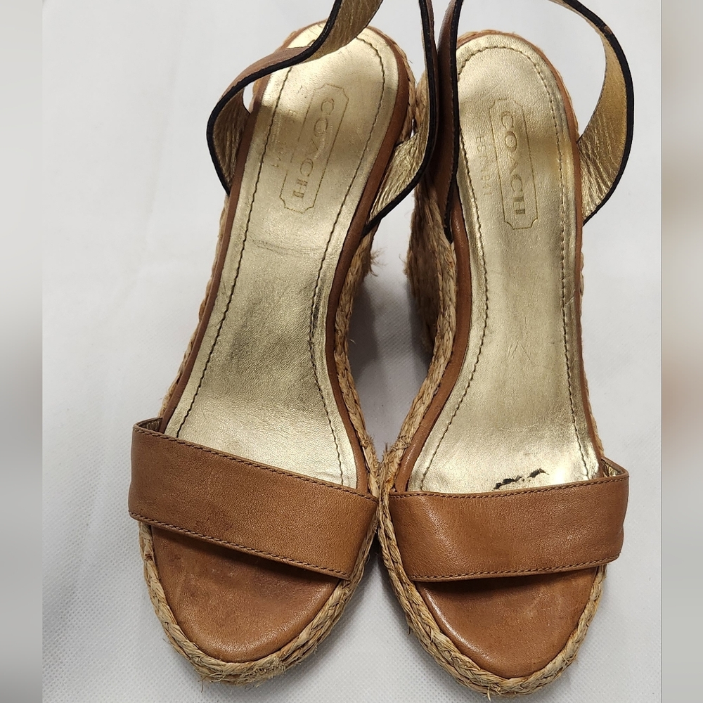 Coach Women’s Tan Leather Espadrille Wedge Sandals
